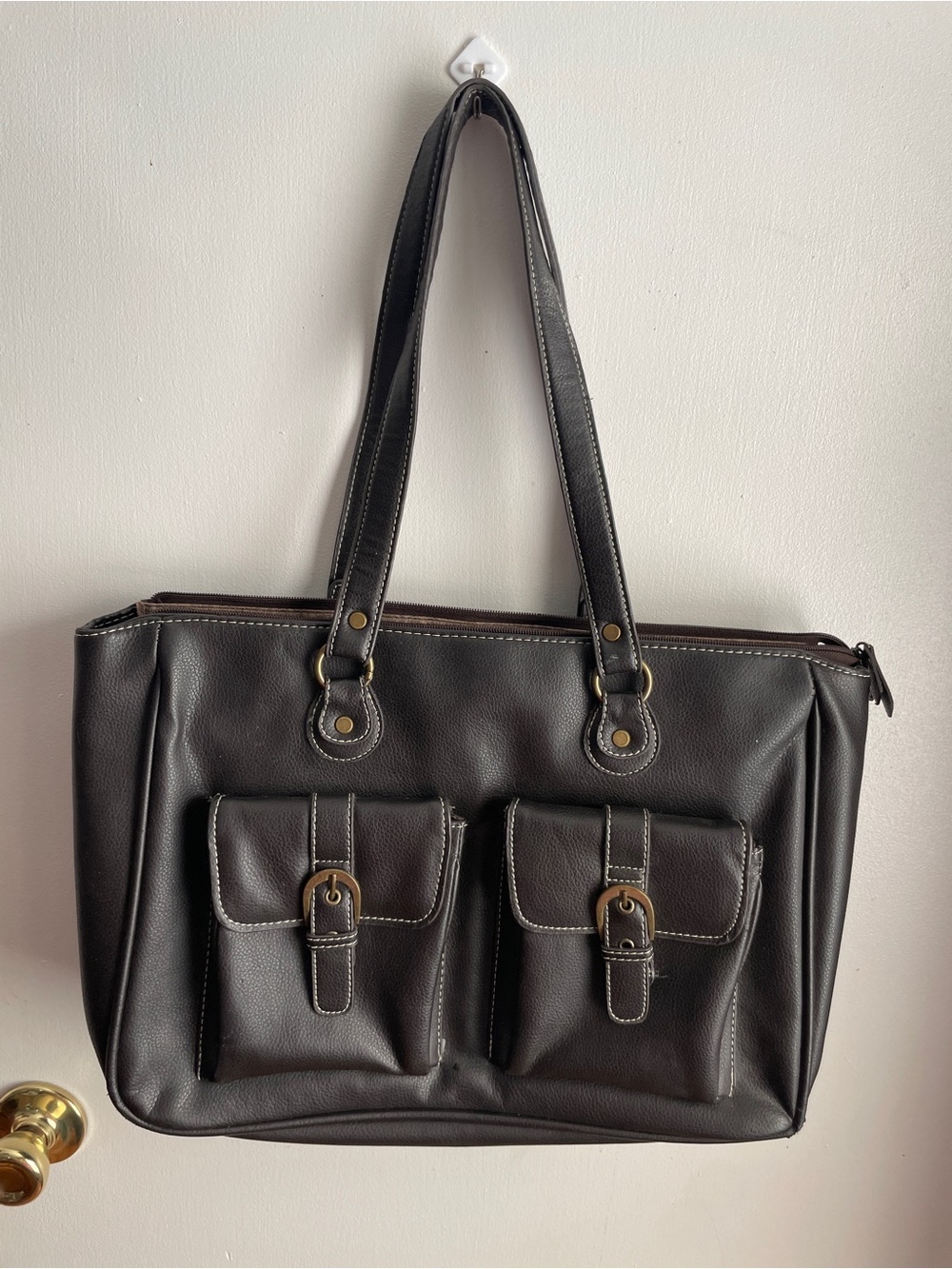 Classic leather black Tote w/ Front Buckle Pockets